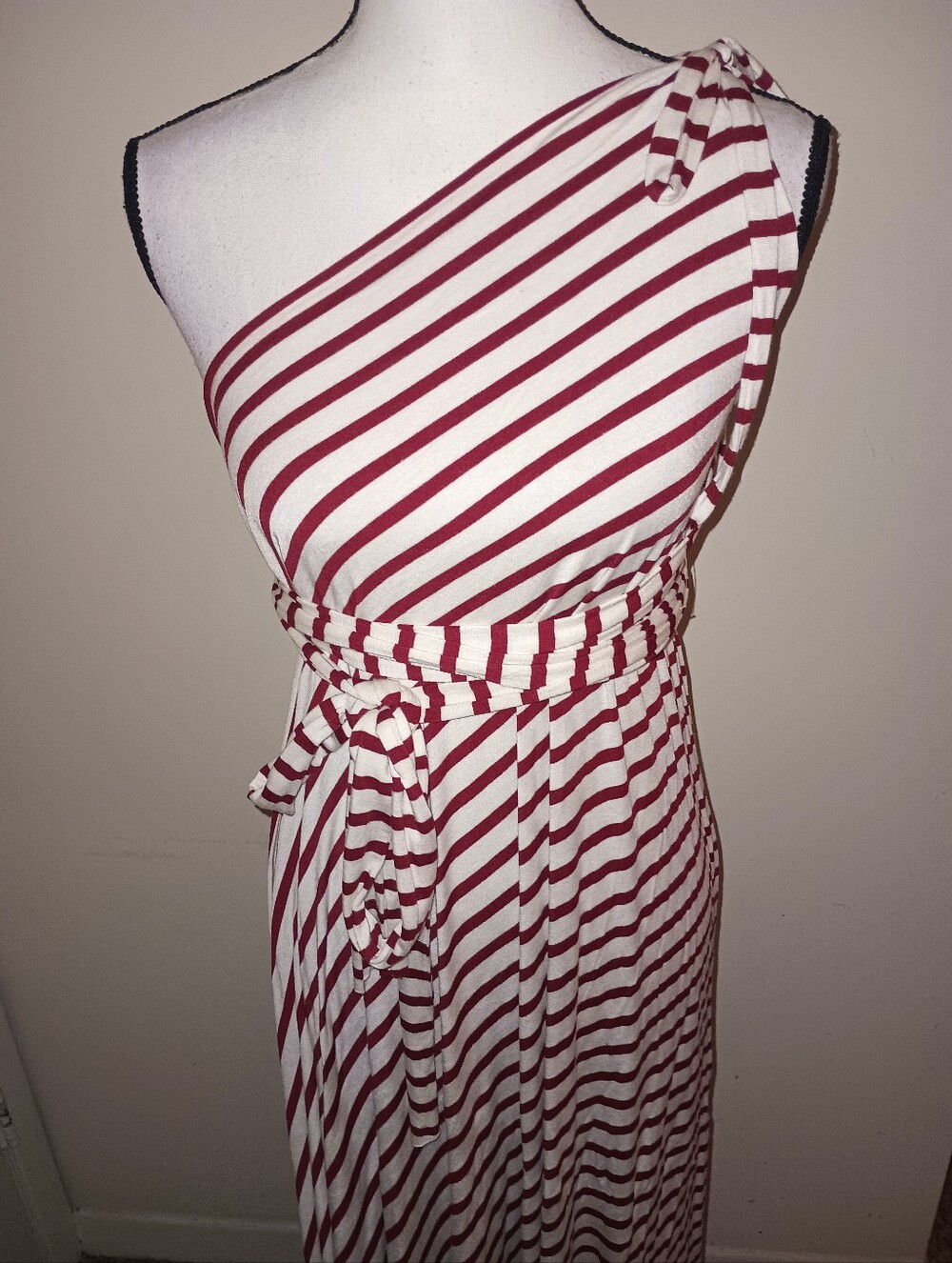 One-Shoulder Burgundy and White Striped Maxi Dress XL